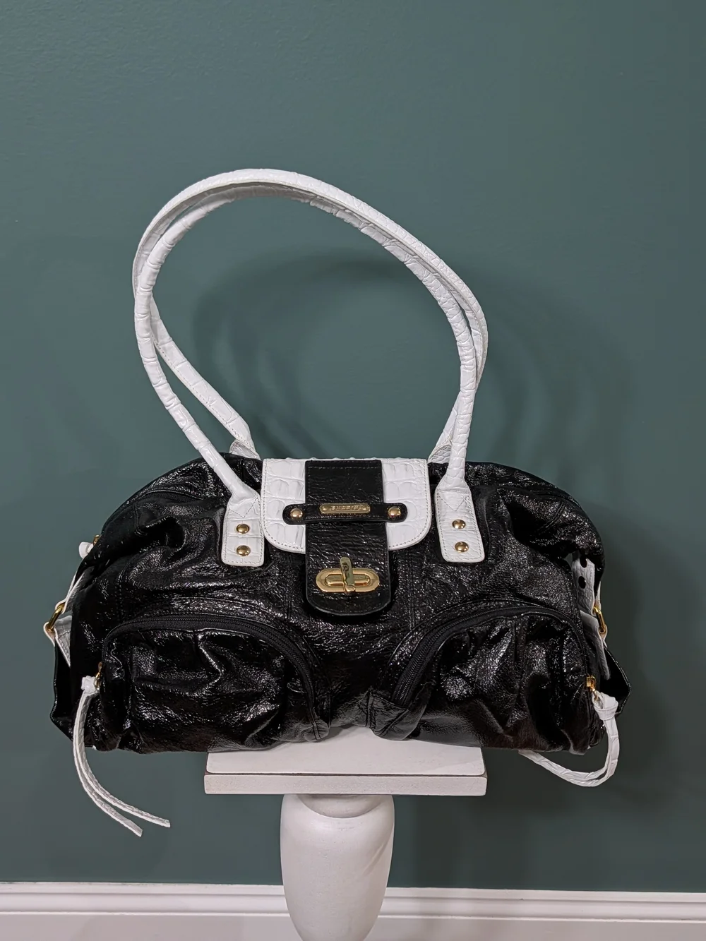 NWOT Sharif Studio Black Patent White Croc Leather Shoulder Bag + Accessory